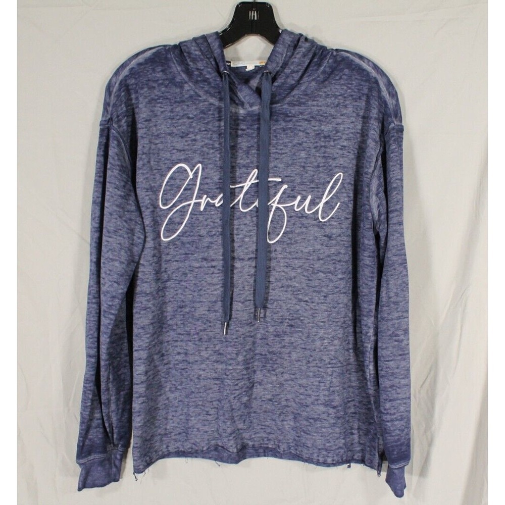 C & C CALIFORNIA Soft SLUB KNIT Raw Hem "GRATEFUL" Blue PULLOVER HOODIE/TOP Sz S